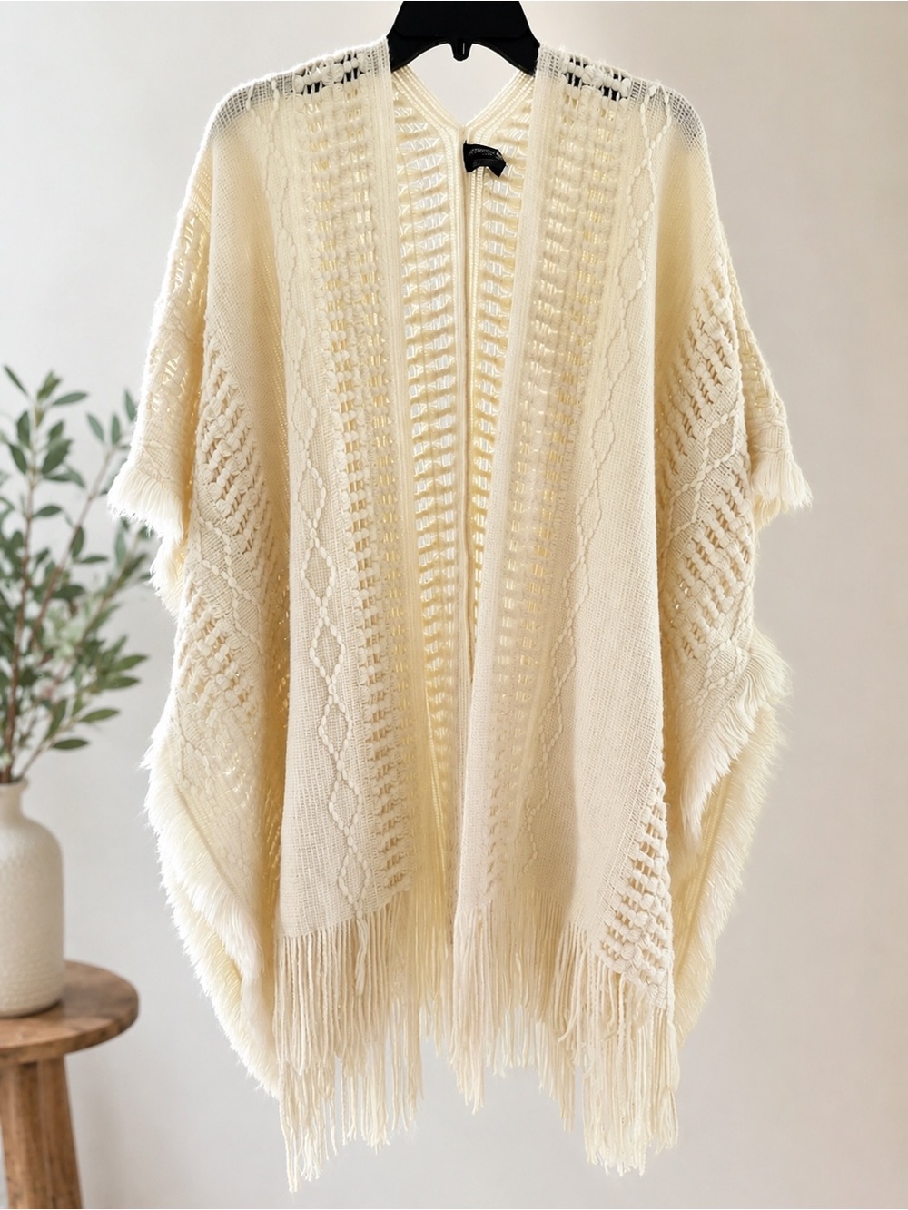Antthony Cream Open-Knit Fringe Poncho